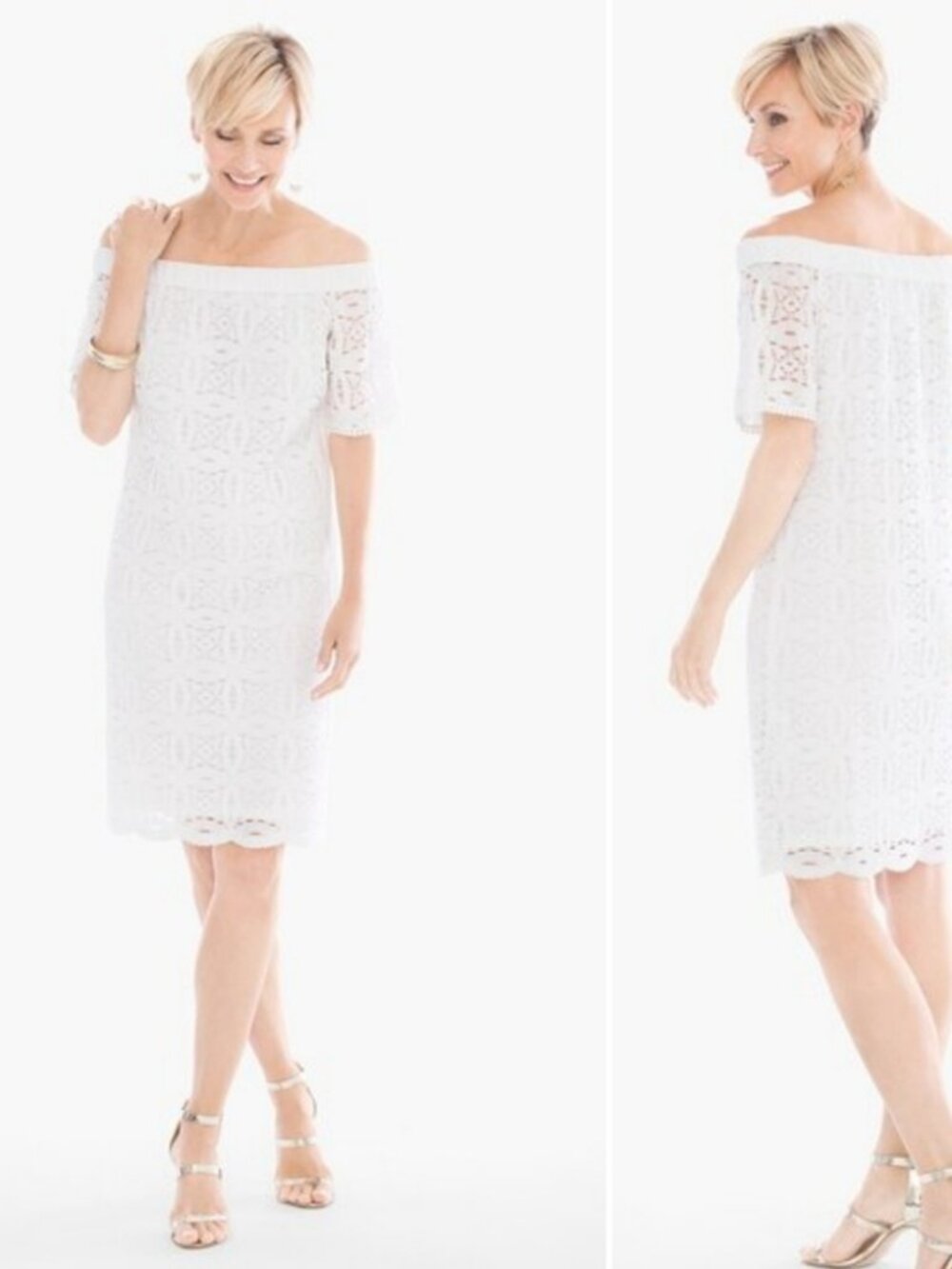 Chico's White Eyelet Lace Off-Shoulder Dress Size 3 Petite 16 XL Coastal Beach